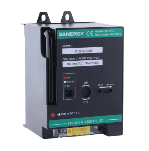 Circuit breaker motor operator unmounted on a breaker panel.